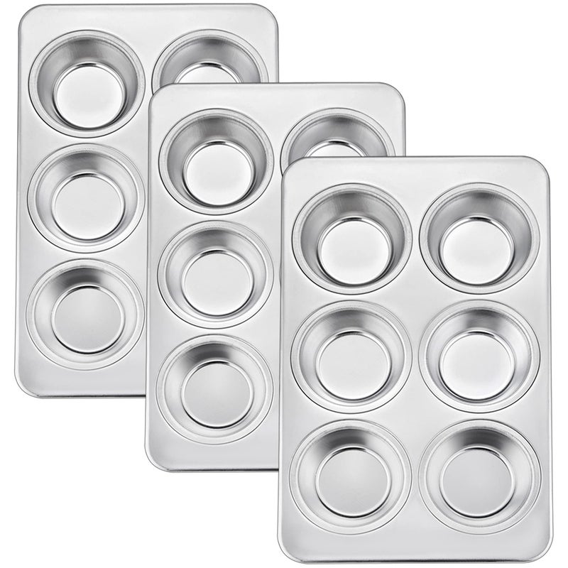 TeamFar Muffin Pan, 6 Cup Muffin Baking Tins Pans, Cupcake Pan Tray Set Stainless Steel for Baking Cakes Cornbread Tarts and More, Healthy & Non Toxic, Oven & Dishwasher Safe - Set of 3 - Image 1
